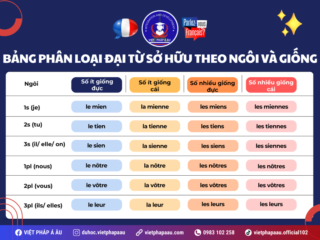 Bảng phân loại pronoms possessifs