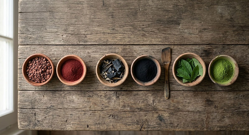 Nguyên liệu chiết xuất màu tự nhiên như sỏi đỏ, than lá tre và lá chàm trong chế tác nghệ thuật.