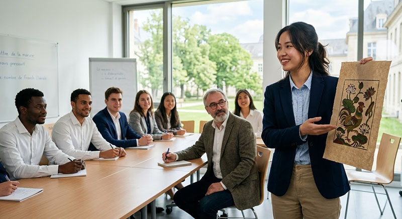 Sinh viên Việt Nam tự tin thuyết trình về nghệ thuật thủ công truyền thống bằng tiếng Pháp.