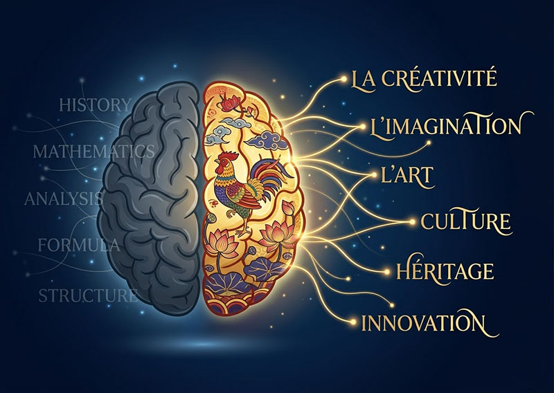 Sơ đồ minh họa kết nối não bộ khi học tiếng Pháp qua di sản văn hóa giúp lưu trữ từ vựng dài hạn.
