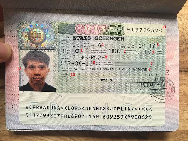 Mẫu visa Schengen dán trên hộ chiếu thực tế