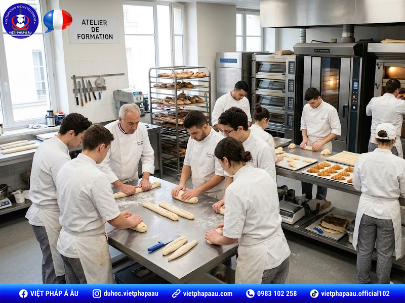 Sinh viên du học pháp ngành làm bánh thực hành tại xưởng