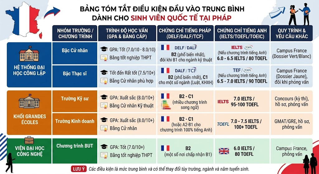 Điều kiện đầu vào trung bình của các nhóm trường tại Pháp dành cho sinh viên quốc tế