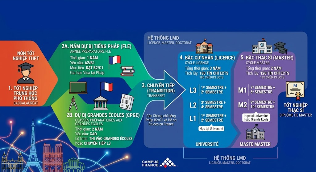 Sơ đồ lộ trình học từ Dự bị lên Cử nhân (Licence) và Thạc sĩ (Master) tại Pháp
